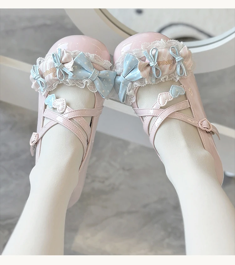 اليابانية الأصلية لطيف لوليتا كاندي القوس الدانتيل شقة واحدة أحذية نسائية مريحة مستديرة الرأس أحذية من الجلد الصغيرة فتاة لينة