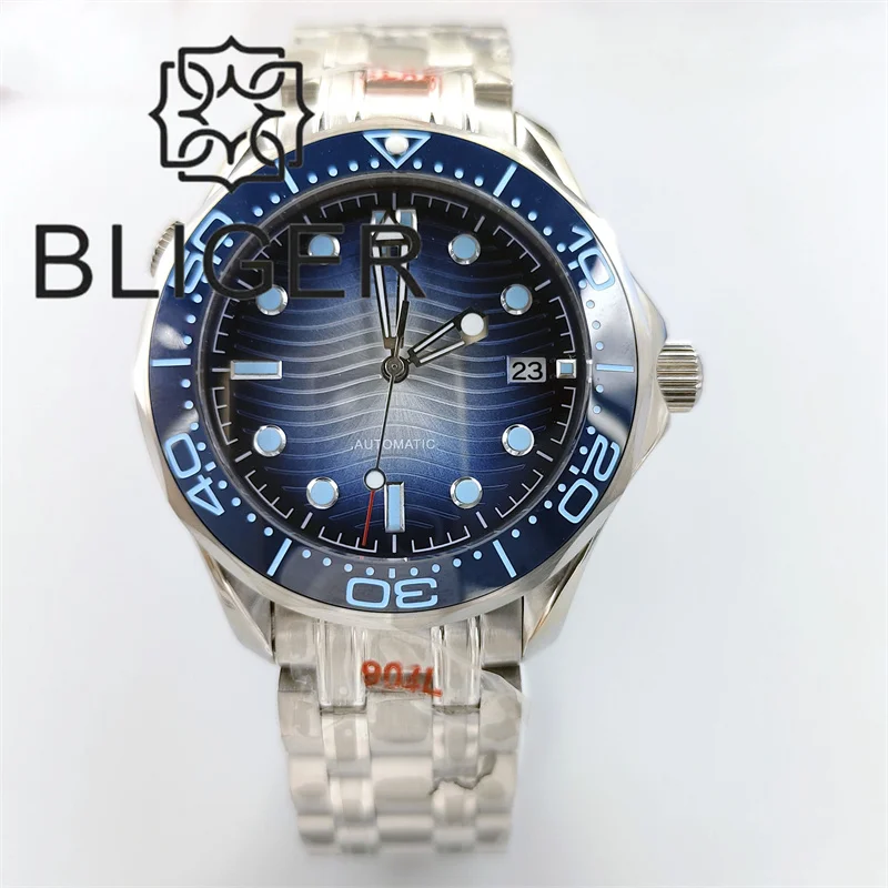 BLIGER 41mm Mechanical Men Watch Sapphire Glass Date Gradient Ice Blue Ceramic Bezel NH35 Stainless Steel Band Rotating Waterpro