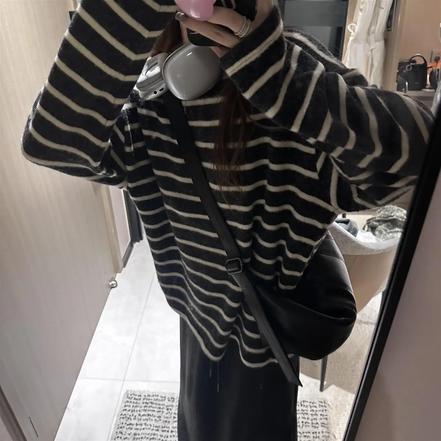 

Japanese Sle Striped Knitted T-irt Women's Loose Long Sve Woolen Inner Wear Top Thiened Design Commute Faion