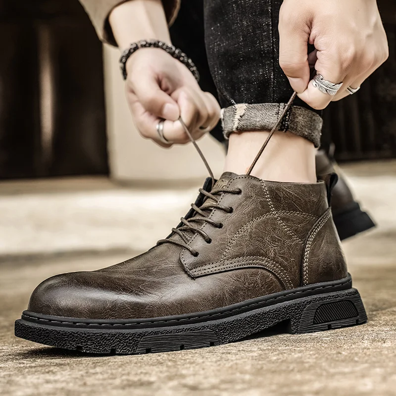 

High top boots for men, British style workwear motorcycle boots, summer black side zipper, mid rise soft leather boots for men