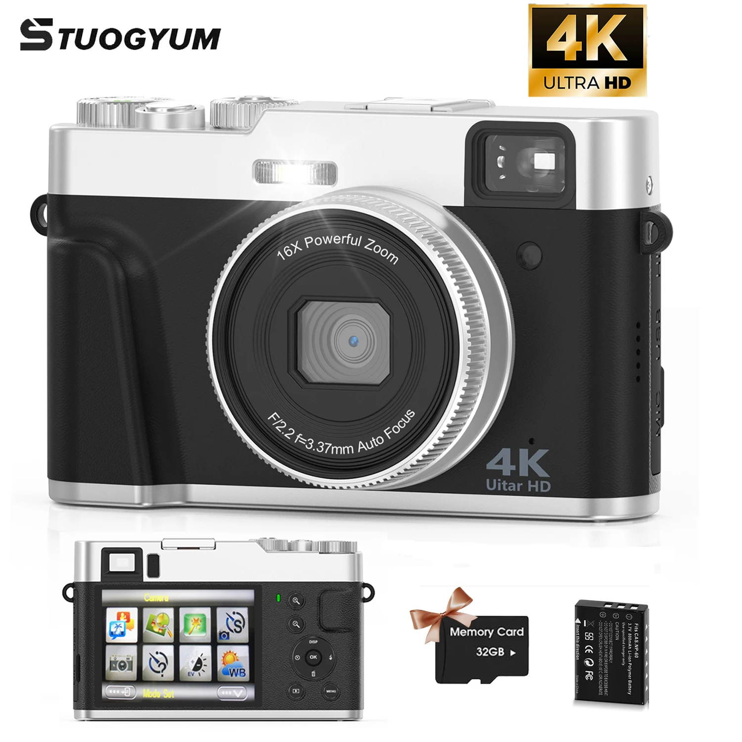 4K Digital Camera Vintage Photo Camera 4K Professional Vlogging Camcorder for Youtube Webcam 16X Digital Zoom 48MP Photography