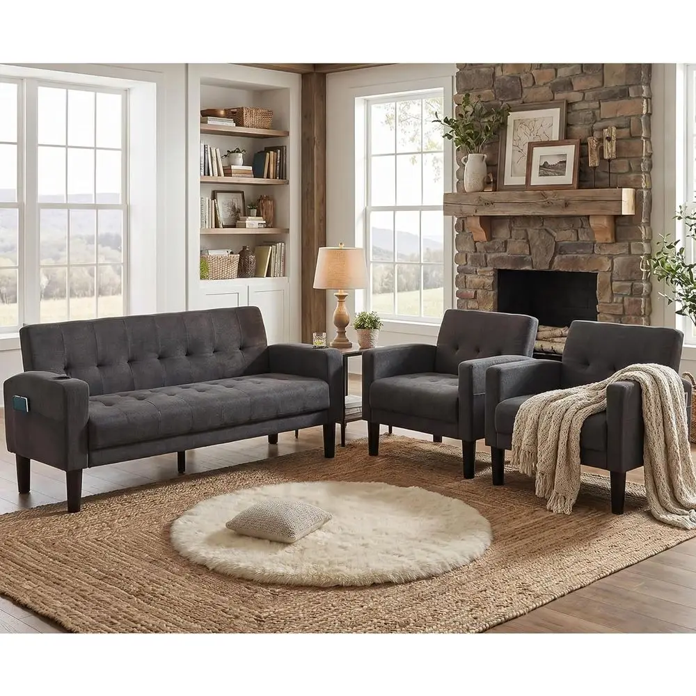 Modern 3-Piece Sectional Sofa Set with Loveseat, USB Ports, Cupholders for Comfortable Living Room or Small Space in Grey