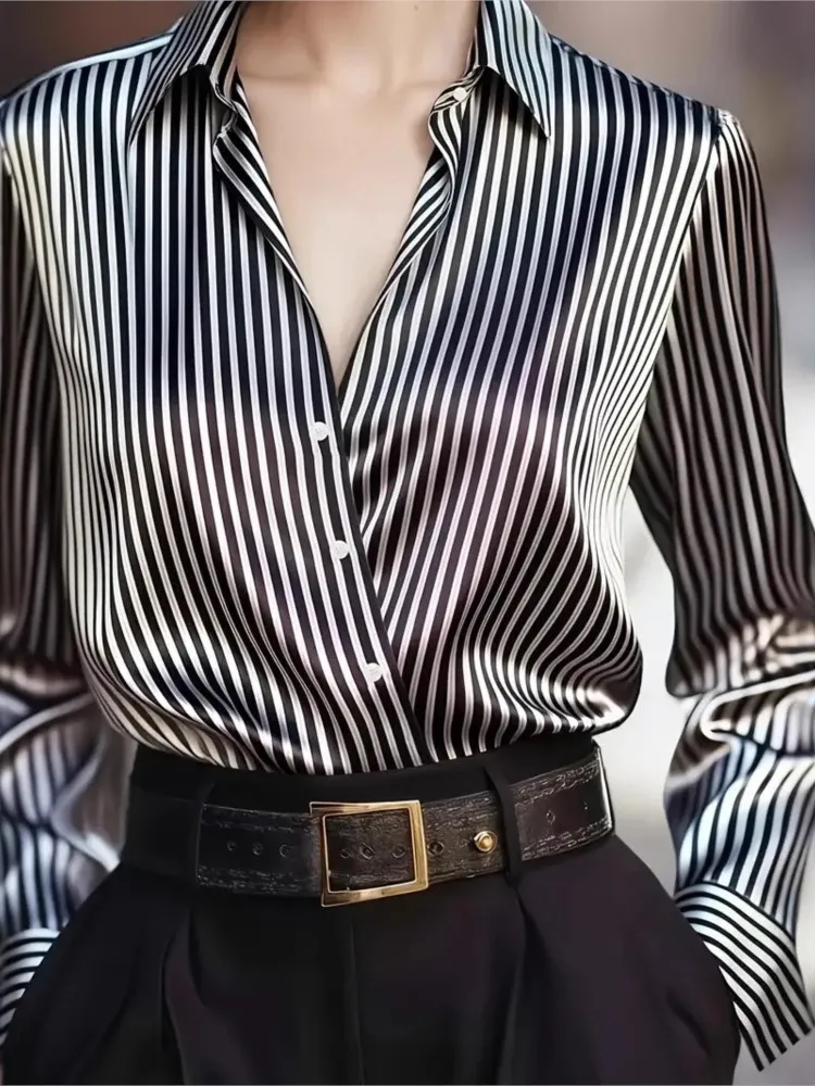 새로운 가을 우아한 레트로 스트라이프 니치 긴팔 셔츠 여성 패션 캐주얼 다용도 출퇴근용 라펠 버튼 셔츠 탑