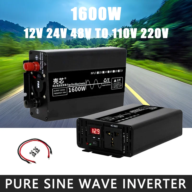 Pure Sine Wave Inverter 1600W Peaks Power Car Home Digital Display Power Converter DC 12V 24V 48V 60V to AC 220V Transformer