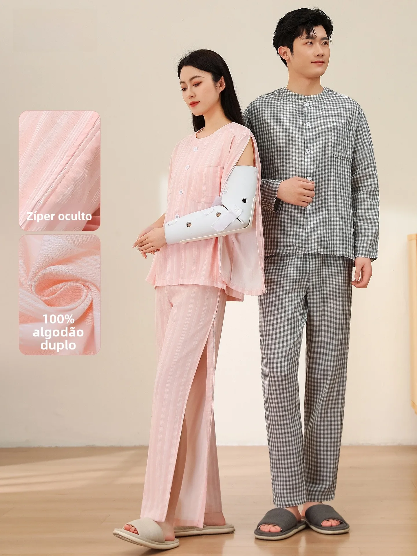 pure-cotton-caregiver-suit-easy-to-wear-off-post-surgery-patient-clothes-summer-thin-long-sleeve-round-neck-button-closure