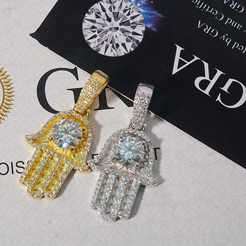 

Hamsa Hand Small Charms Pendants Fashion Jewelry Big Diamond Round 7.5mm Vvs Moissanite 925 Silver