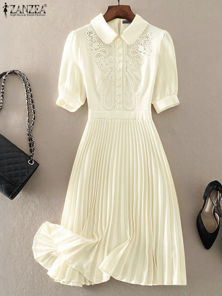 ZANZEA 짧은 퍼프 슬리브 Pleated 파티 드레스 턴 다운 칼라 빈티지 레이스 패치 워크 우아한 가운 Femme Women Midi Vestidos