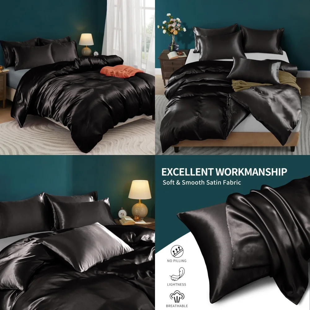 

Duvet Cover5 Pieces Satin Duvet Cover Set Queen King Size Black with Corner Ties Soft Luxury Bedding Set Smooth Comfortable Easy