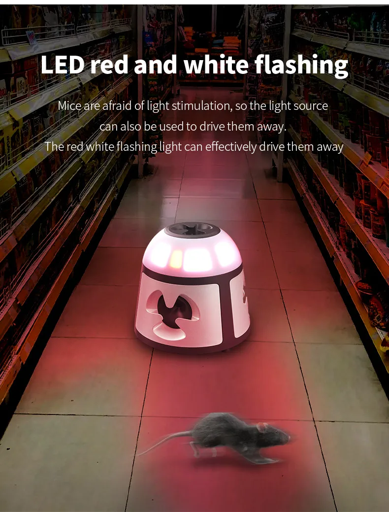 360-Grad Ultraschall-Tiervertreiber mit LED Rot-Weiß-Blitzalarm, Mäuseabwehr zum Einstecken für den Einsatz in Lagerhallen – Detail 8