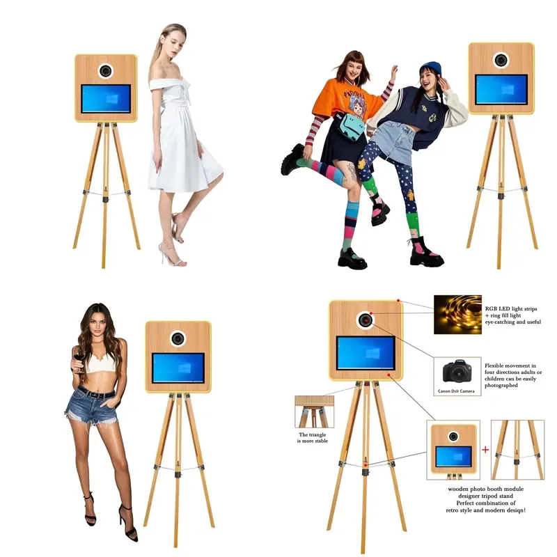 Retro Wooden Instant Print Photo Booth with 15.6 Inch LCD Touchscreen for Camera and Smartphone Parties Events