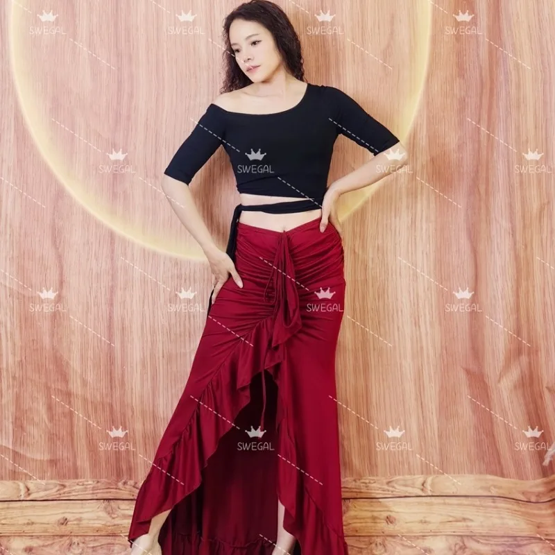 

Индивидуальная одежда для танца живота селяля, костюмы для восточных танцев, односторонний топ с открытыми плечами, кружевная юбка на ягодицах