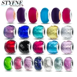 Original Sterling Silver 925 Shiny Color Mini Murano Solid Frosted Matte Glass Bead Bracelet for Women DIY Fine Jewelry Making
