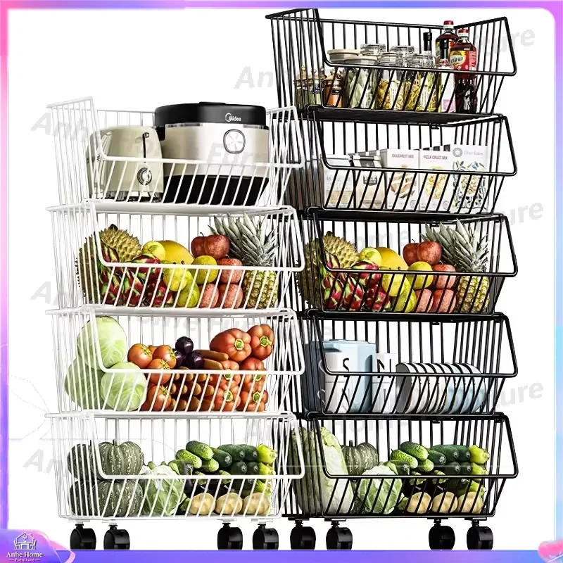 4 Tier Carbon Steel Kitchen Storage Rack with Wheels Modern Multi Layer Fruit Vegetable Organizer Shelf Removable Rolling