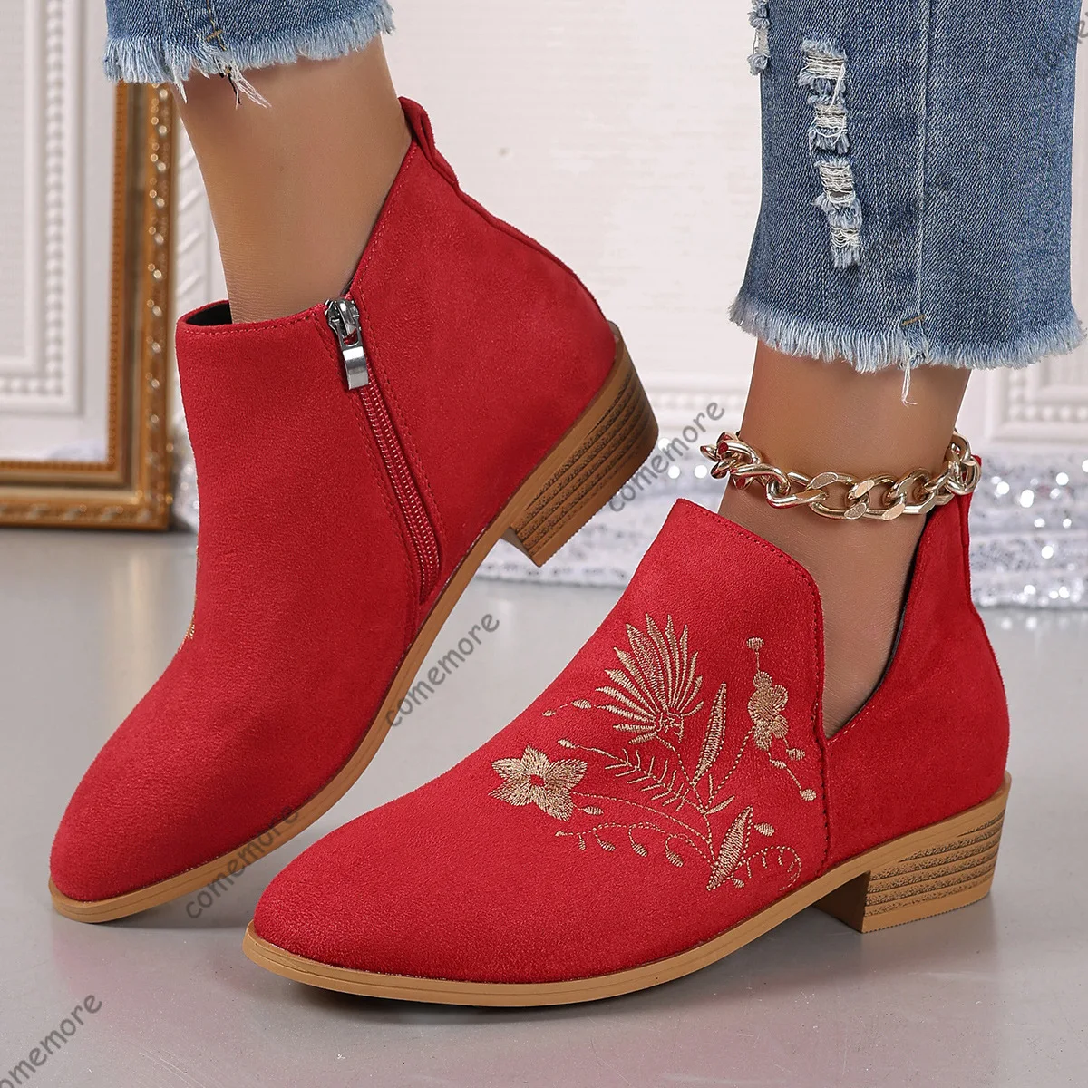 Comemore Women's Boots V-mouth Embroidery Thick Heel Side Zipper Short Boots Autumn Female Shoes Casual Pointed Western Botines