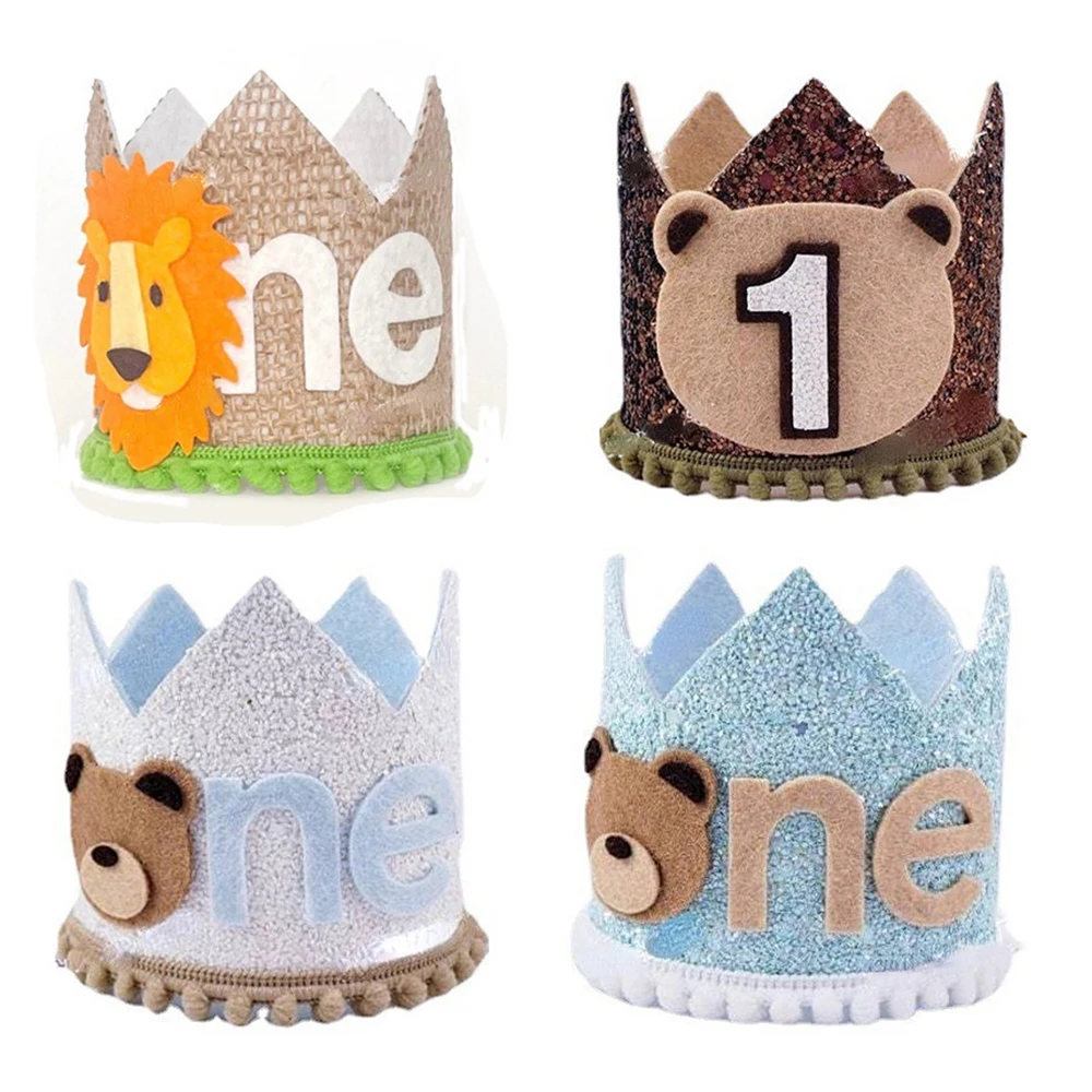 

1Pcs First Kids Birthday Party Glitter Brown Bear Hat ONE Burlap Lion Birthday Crown Baby Shower Photoprops Decoration Supplies