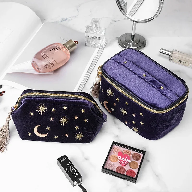 Bolsa de Cosméticos de Veludo Luxuosa Grande Capacidade Portátil para Armazenamento de Batom e Joias Bolsa de Cosméticos de Veludo Marinho com Franjas