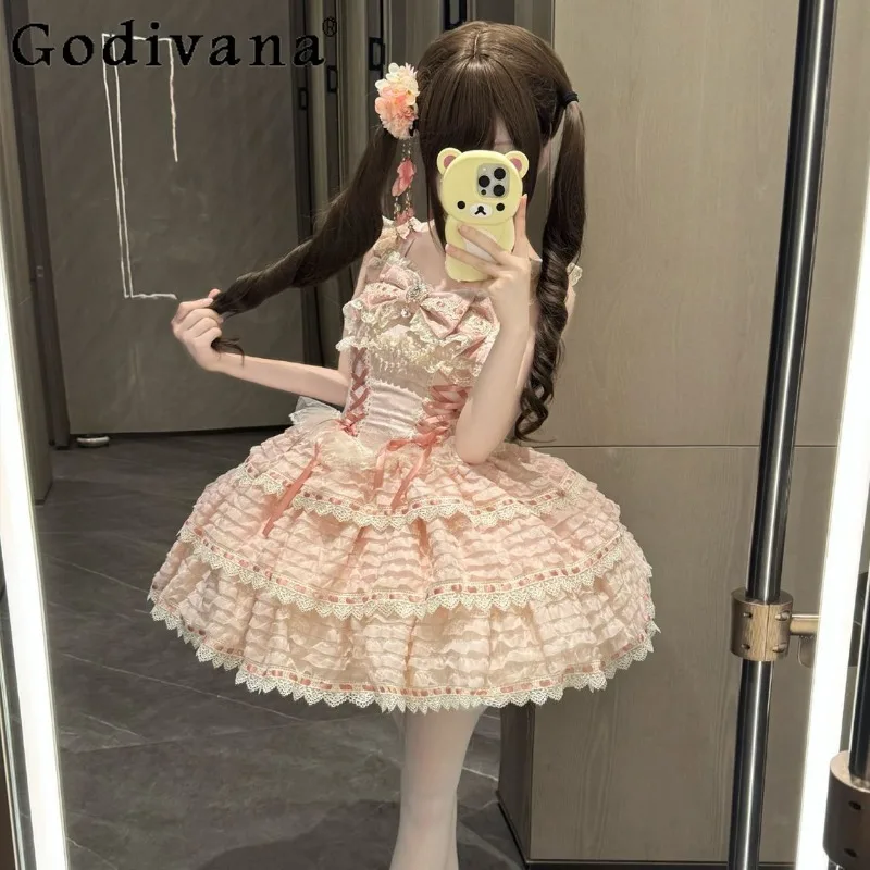 Senhora estilo japonês design original lolita vestido de cintura alta princesa doce jsk cinta vestido para mulheres gola arco vestido bonito