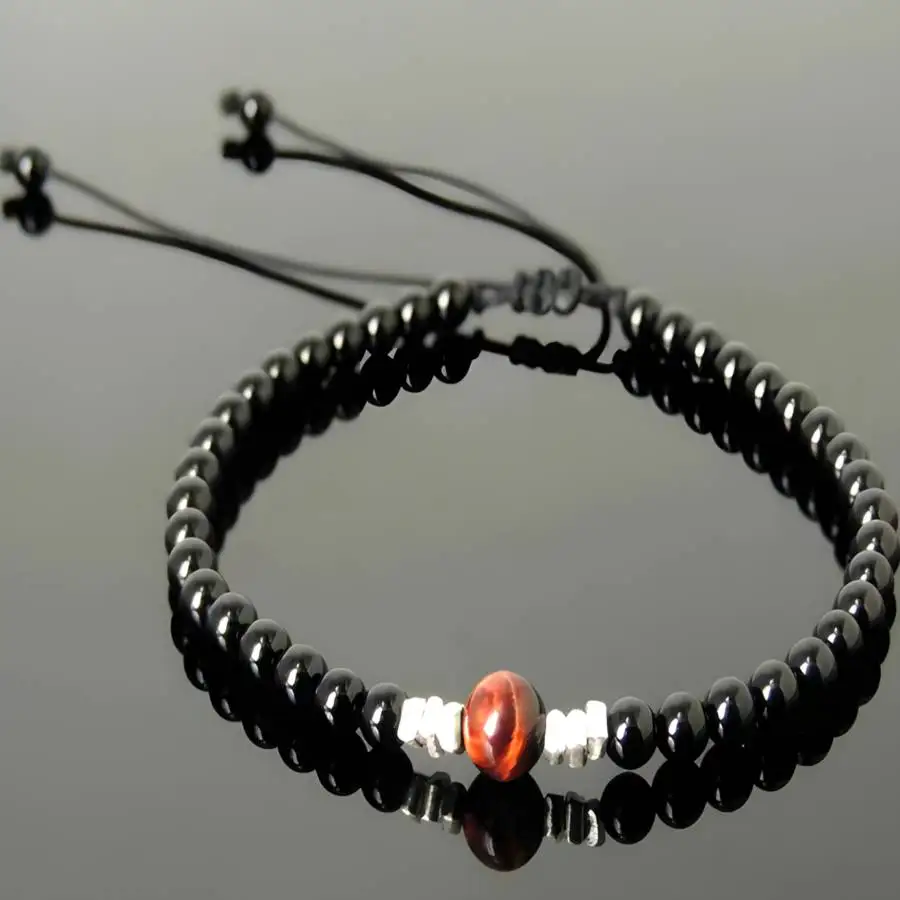 4mm Handmade Black Onyx Beaded Bracelet with Tiger Eye Bead Adjustable String Jewelry Gift