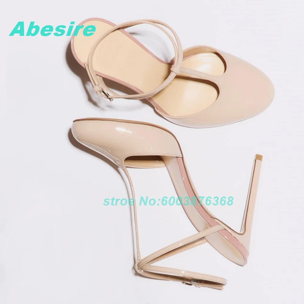 Black Slingback High Heel Pumps Round Toe T‑Strap Ankle Buckle Stiletto Shoes Patent Leather Elegant Office Evening Party Shoes