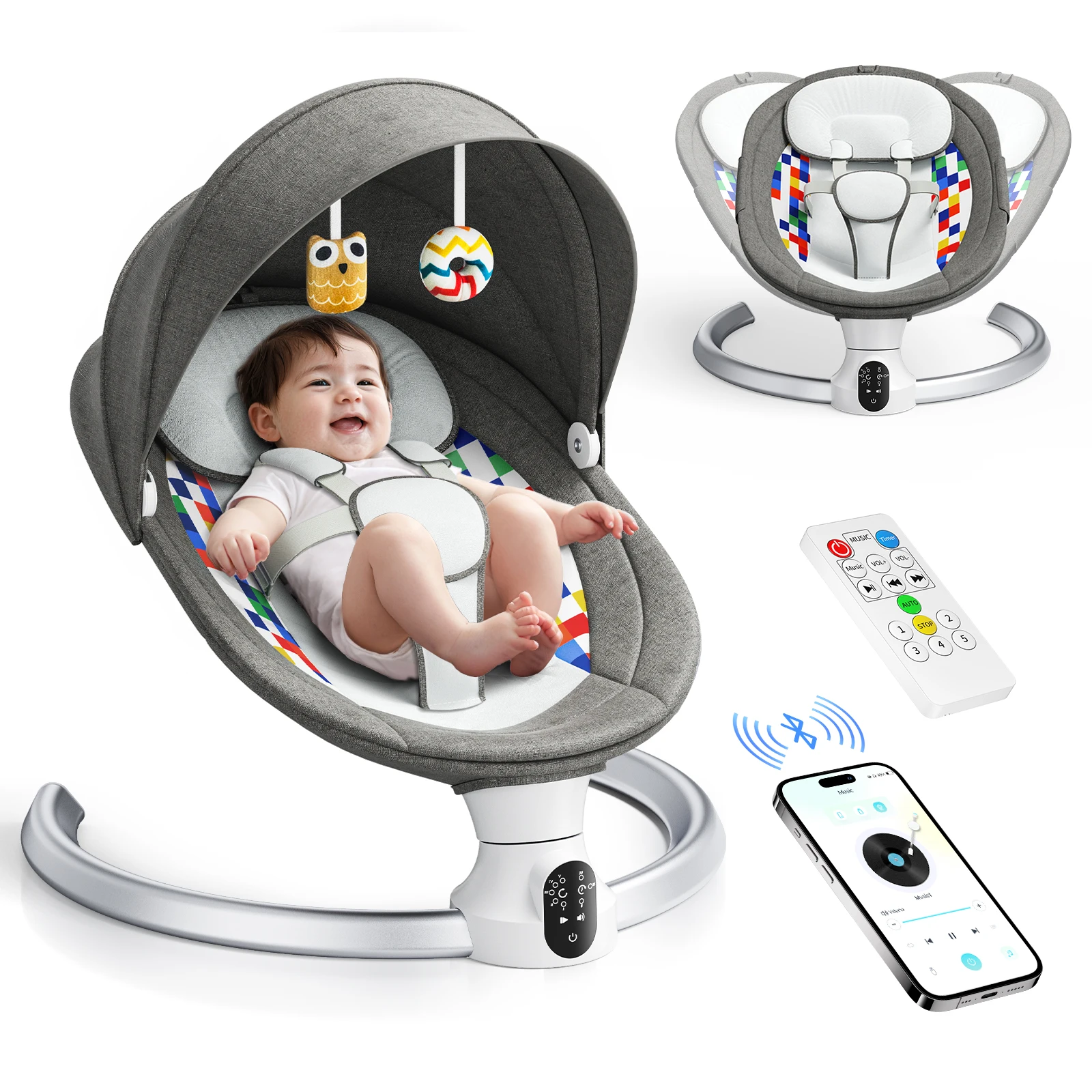 Elektrische Babyschaukel, Babywippe, APP und ferngesteuerte Babyswaage von der Geburt bis 9 kg, 5-Punkt-Geschirr, verbesserte Babyswaage mit 3 Timern
