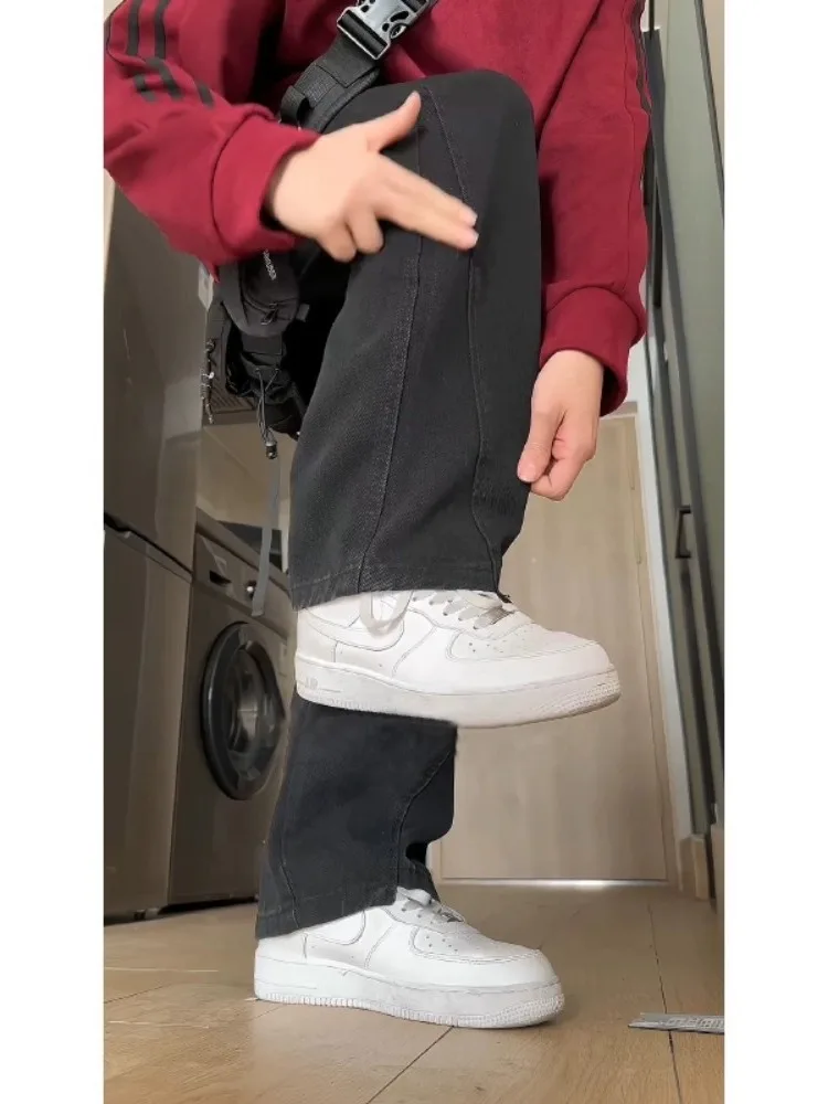 

Черные джинсы с флисовой подкладкой и пэчворком, мужские, осенне-зимние, длинные, на шнурке, приталенные, американского кроя, прямые брюки