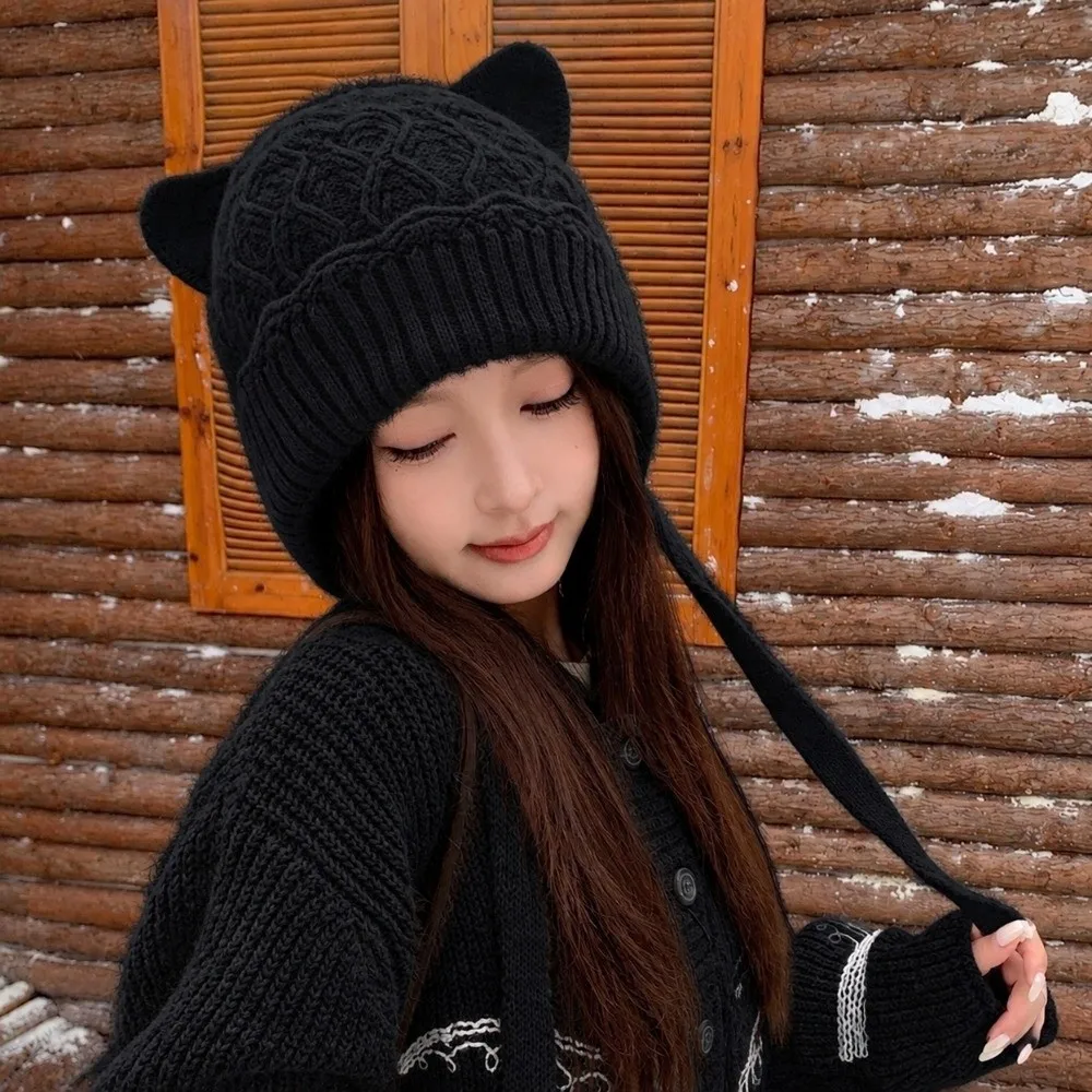 Solid Color Cat Ear Beanie Keep Warm Cold Proof Winter Tie Strap Beanie Thickened Windproof Knit Earflap Hat Outdoor Walking
