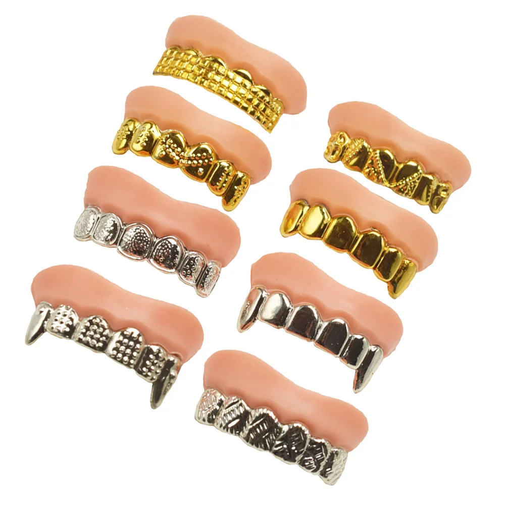 

8 Pcs Fake Teeth Props for Halloween Party Scary Costume PVC Shiny Metal Plated Zombie Dentures Fun Accessories Toy Gifts