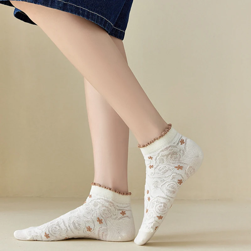 5/10 Pairs Women Flower Patterned Thin Boat Socks Fashionable Spring Summer Pleated Edge Mesh Breathable Sweet Style Casual Sock