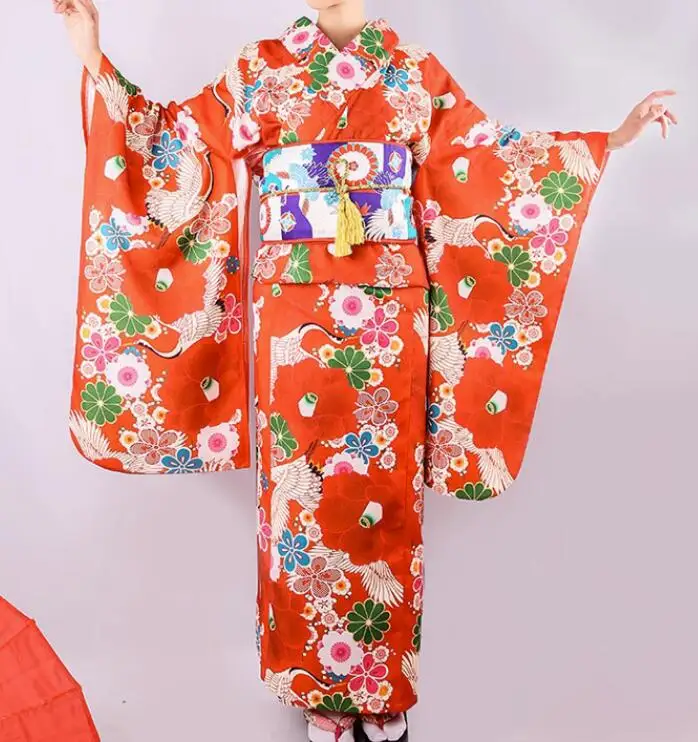 

New Japanese Women Kimono Tradition Colourful Dress Print Include Belt