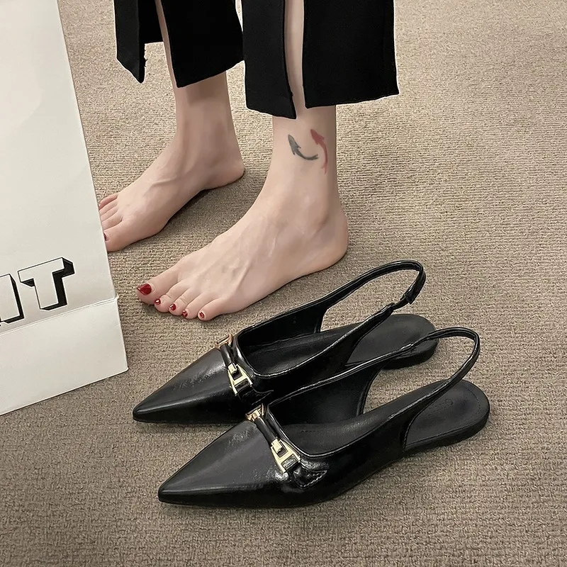 French Flat Black Baotou Sandals Fairy Shoes  Spring and Summer Pointy Diamond Temperament Single Shoes Zapatos De Mujer