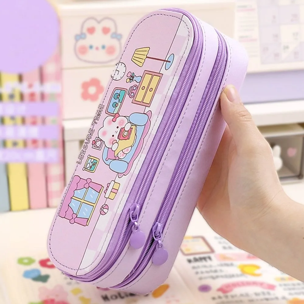 Estuche para lápices de doble capa Ins, bolsa para bolígrafos impermeable con diseño de dibujos animados, bolsa de papelería portátil de gran capacidad, suministros para estudiantes