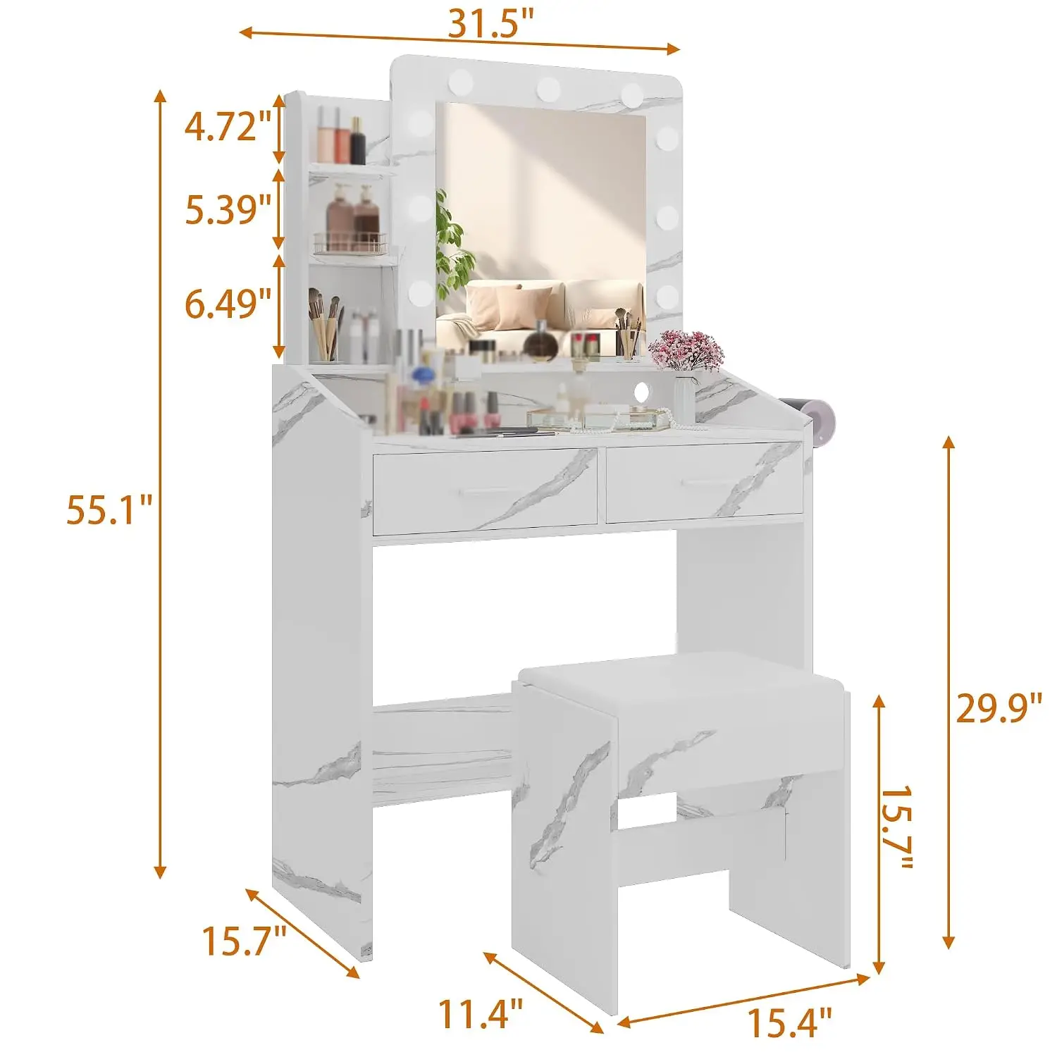 Vanity Desk with Power Outlet & LED Mirror, 7 Drawers & Stool, Adjustable Light, Hairdryer Holder, White, Customized