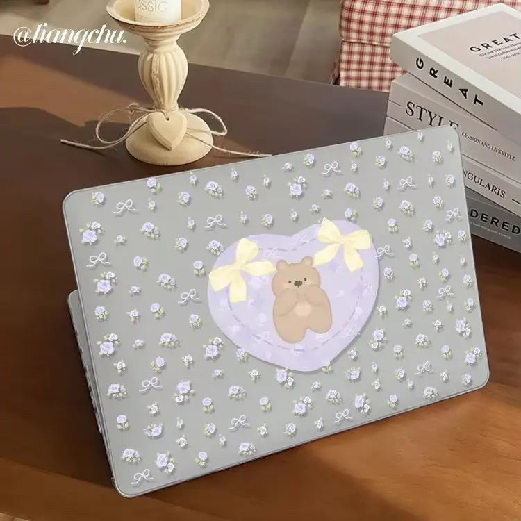 Cute Purple Floral Bear Love Crystal Laptop Case For Macbook Air 13.6 M4 NEO 15 M3 For Mac Book Pro 13 M1 M2 14 M4 M5 Cover