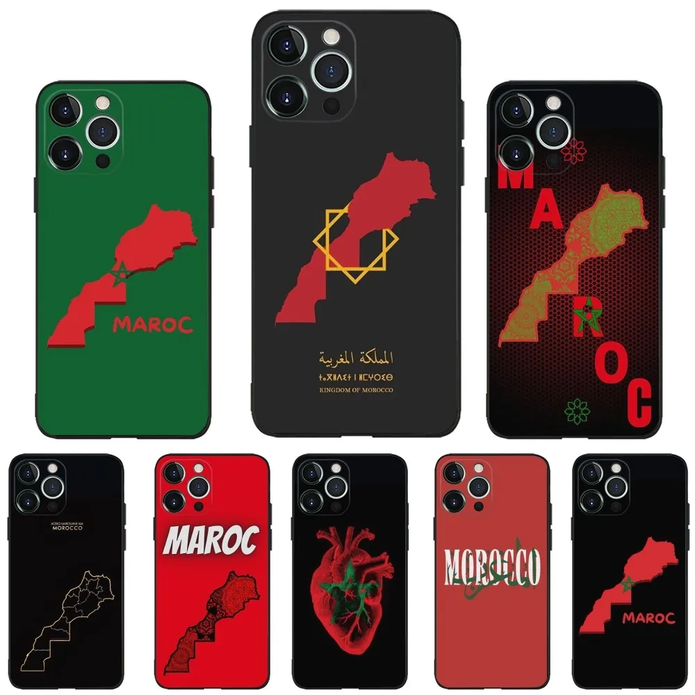 Morocco Map Flag Phone Case For iPhone 16,15,14,13,12,11,Plus,Pro Max,XS,X,XR,SE,Mini,8,7 Soft Silicone Black Cover