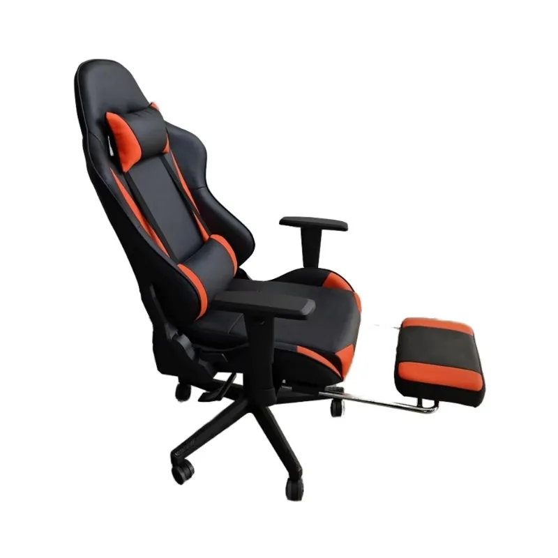 Adjustable Orange Lift Gaming Chair with Stainless Steel Lumbar Pillow Footrest Revolving Feature Synthetic Leather Material