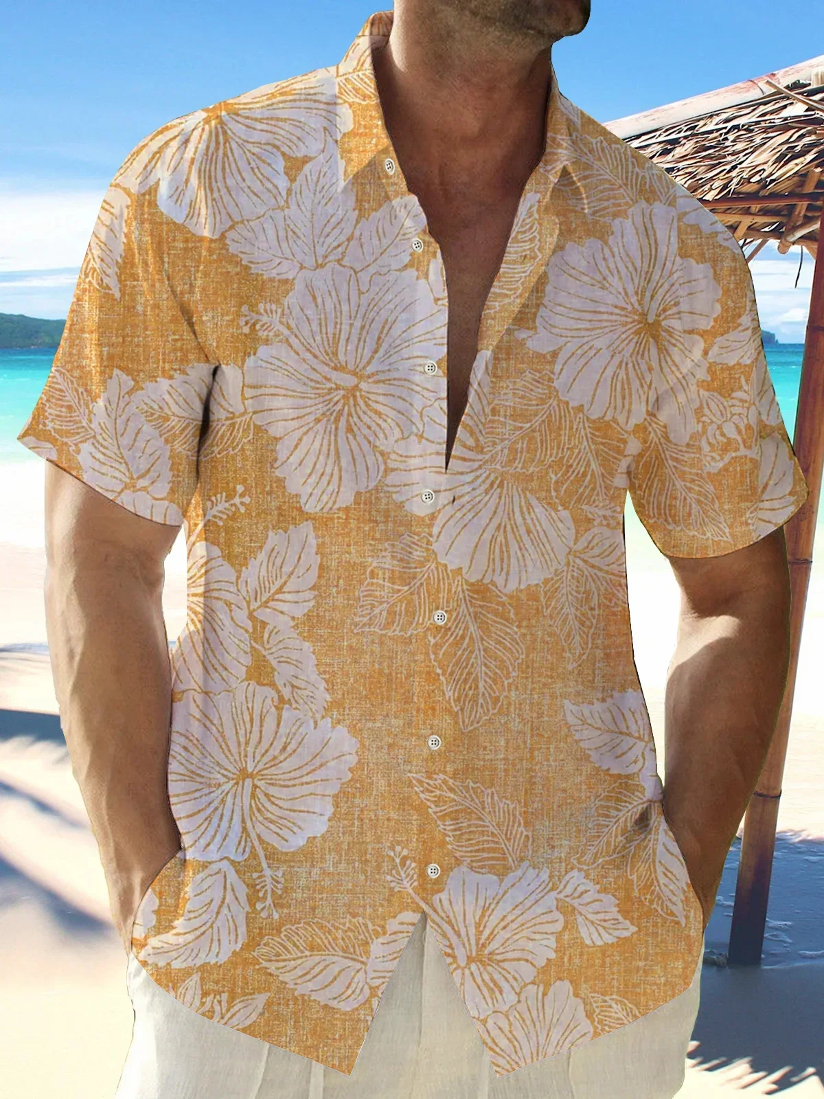 

Men's light color floral 3D printed lapel short sleeve buttons light and breathable Hawaiian beach clothes business simple Top