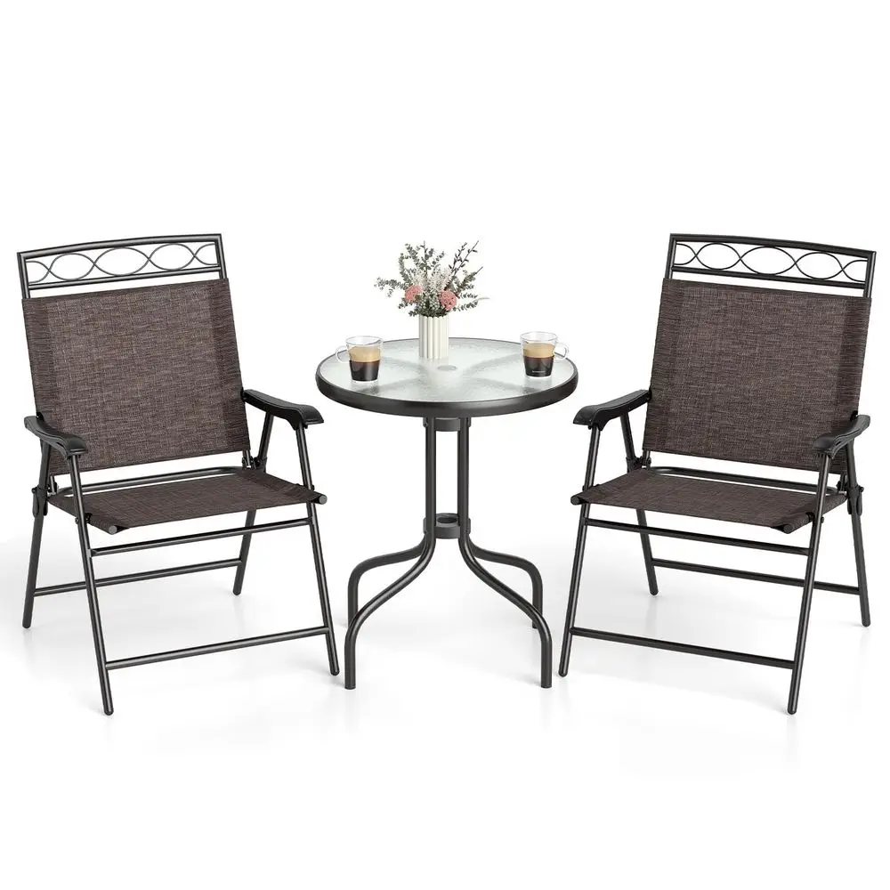Bistro Table and Chairs Set of 2, Outdoor 3 Piece Patio Bistro Set with 1.57 Umbrella Hole, Tempered Glass Tabletop, 2 Folding C
