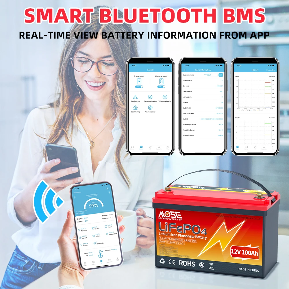 LiFePO4 12V 100Ah Bluetooth BMS 6000+ Cicli Batteria LiFePO4 Batteria al litio 12,8V EU UA STOCK Nessuna tassa