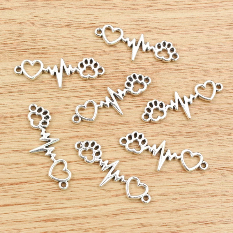 10pcs 12x34mm Charms ECG Heartbeat Connector Heart Dog Claw Link Antique Silver Color Pendant Making DIY Tibetan Finding Jewelry