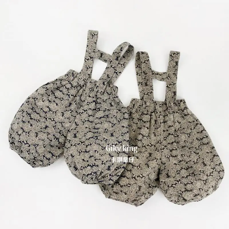 

2026 Summer New Children Loose Overalls Cotton Girls Vintage Floral Sling Trousers Kids Fashion Casual Pants Toddler Clothes
