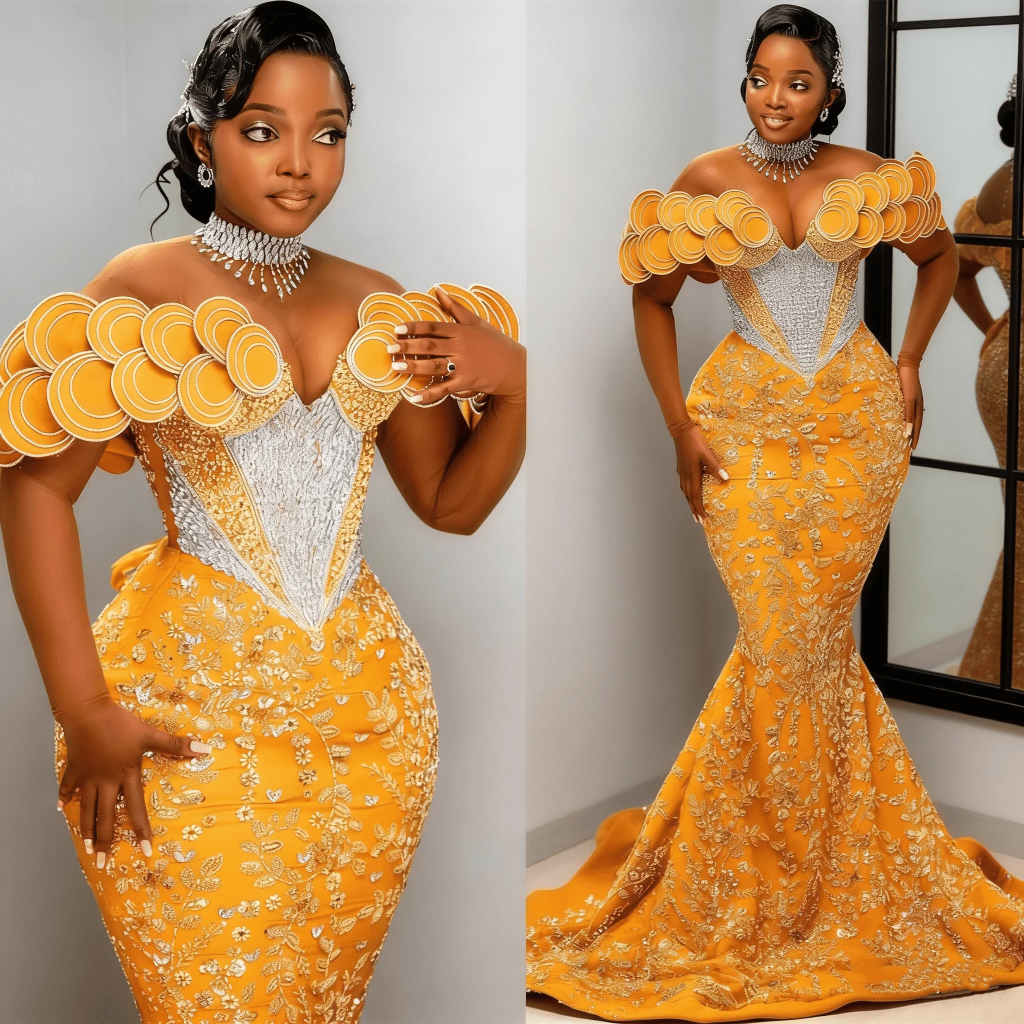 Luxuriöses Meerjungfrau-Abendkleid mit 3D-Rundschulter-Detail, Kristall-Verzierung, Afrikanisches Hochzeitskleid mit Perlen-Korsett, Maßanfertigung