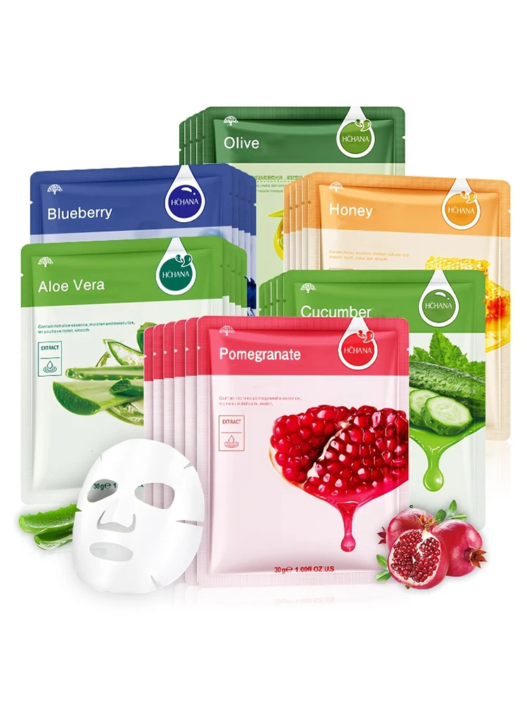 HCHANA 30 Blatt Frucht- & Pflanzen-Gesichtsmasken-Set, 6 Arten Feuchtigkeitsspendende Gesichtsmasken mit Aloe-, Blaubeer-, Oliven-, Honig-, Gurken- und Granatapfelextrakt, Feuchtigkeitsspendende
