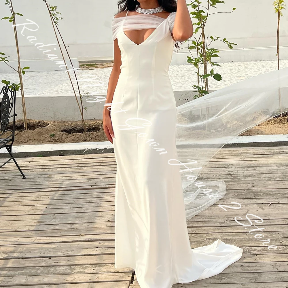 تخصيص جيرسي مستقيم قبالة الكتف أشرطة مساء اللباس الخامس الرقبة الطابق طول أكمام واتو قطار الأبيض الحديث