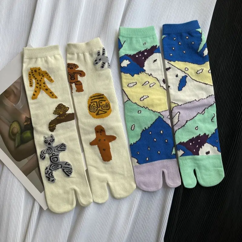 Spring Summer For Woman Cute Multi Colored Jacquard Cat Flower Artistic Patterns Cotton Split Toe Socks Two-Toed Tabi Sox