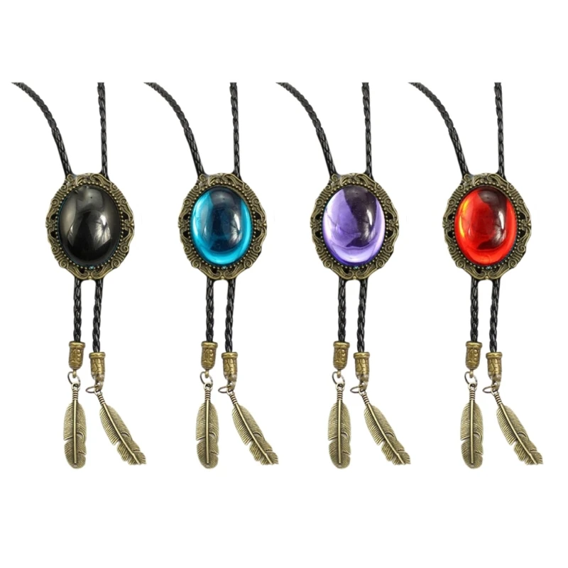 

A2ES Vintage Stone Feathered Bolo Tie Necklace Necktie Collar Cowboy Jewelry Neckwear