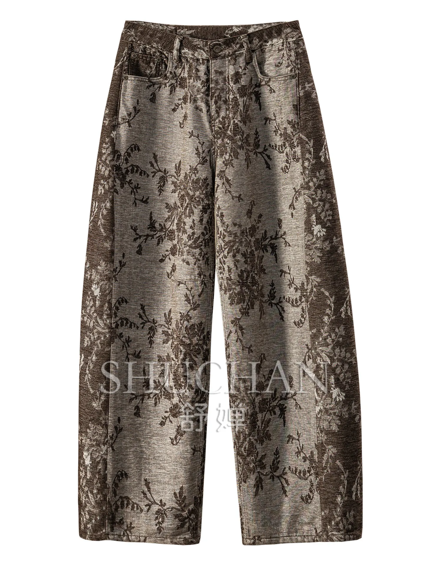 Elegant and Domineering Pants French Industry Flocking Jacquard with Wide-leg Sickle Jeans Women's 81W9