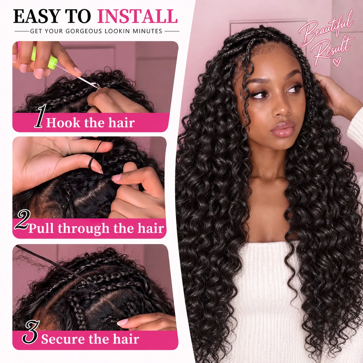 Natural Black Color Water Wave Deep Wave Feather Crochet Human Hair Extensions Miracle Knots Knotless Pre Separated Boho Braiding Hair Soft Natural Curls Lightweight Reusable Protective Style For Women view 7