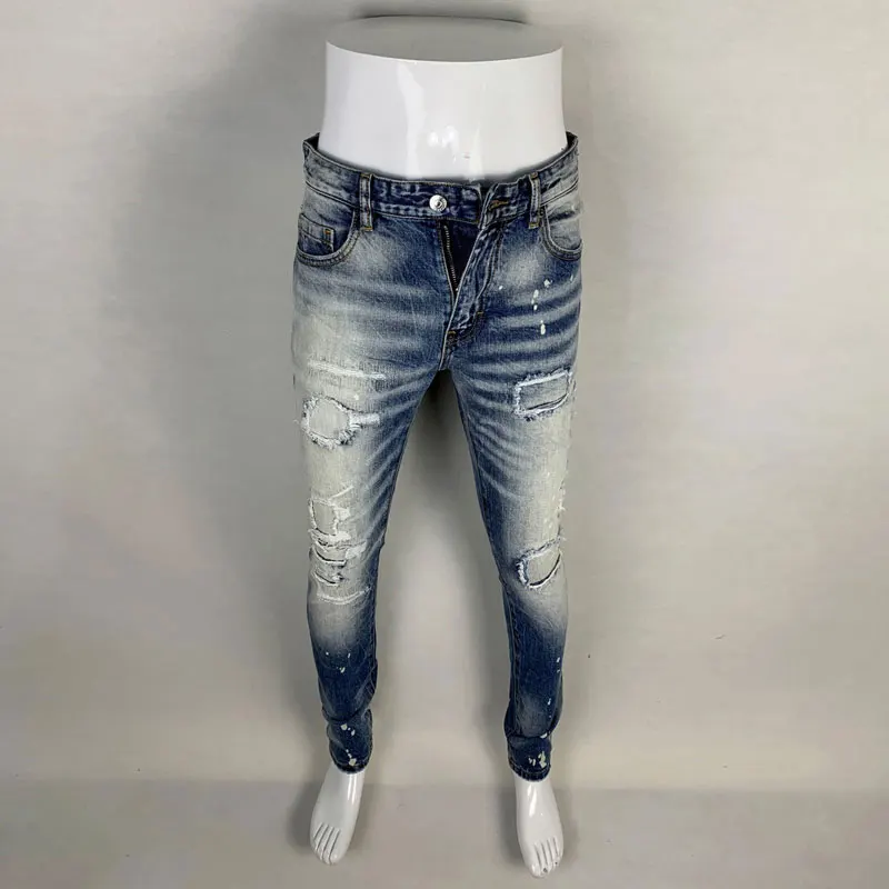 Men Two‑Tone Blue Gradient Washed Multi‑Patch Ripped Stretch Skinny Denim Jeans Hip‑Hop Streetwear Denim Jeans