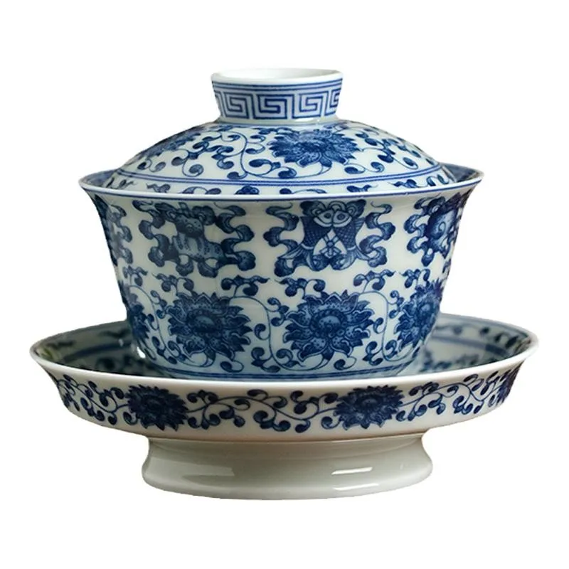 Fake Antique Blue and White Eight Treasures Gaiwan Non-Scald Tea Brewing Bowl Household Jingdezhen Porcelain Large Capacity