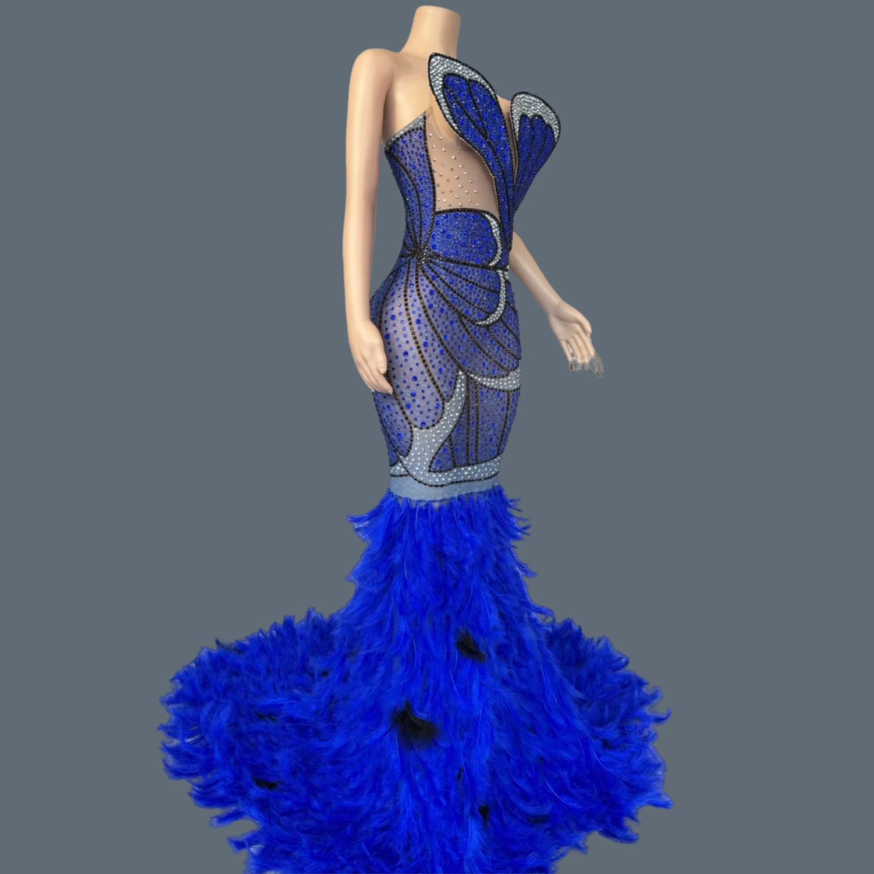 

Festival Women Luxury Feather Floor-length Dress Sparkly Rhinestone Sexy Off shoulder Gown Birthday Prom Photo Shoot Wear Mifeng